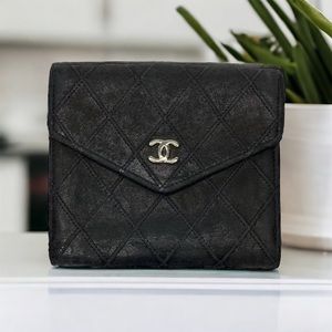 Authentic CHANEL Black Quilted Timeless Vintage Compact Leather Wallet & Coin